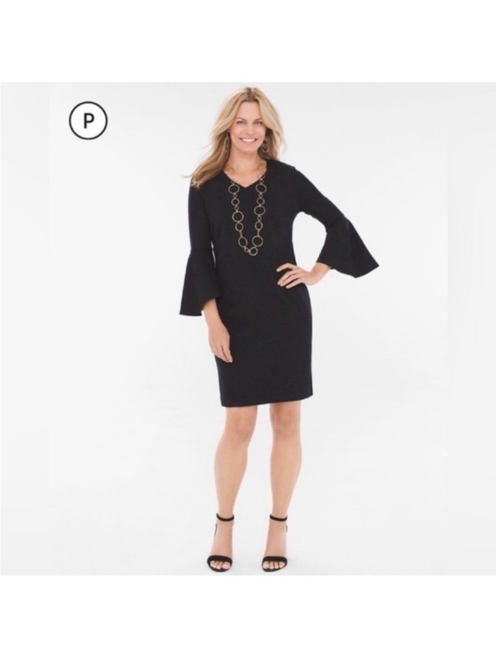 Chico’s Plus Black Ponte Flare-Sleeve Dress Sz 20 V Neck Bell Long Sleeve